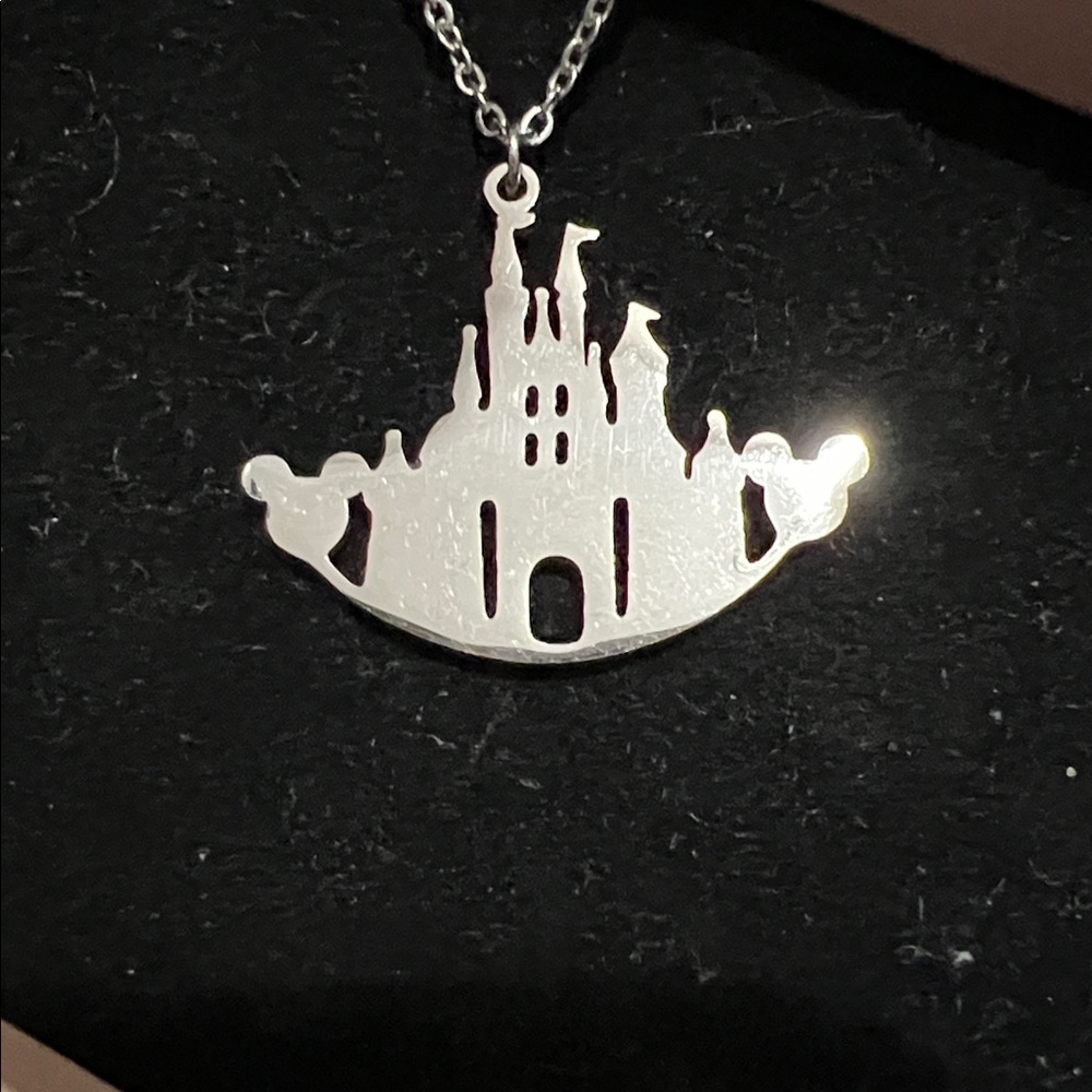 NWT - Stainless Steel Mickey, Minnie and Castle Pendant Necklace